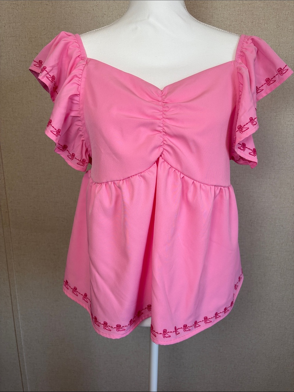 Merigold Kiss Pink Babydoll Top Large Open Back Bow Cowboy Boots Embroidered